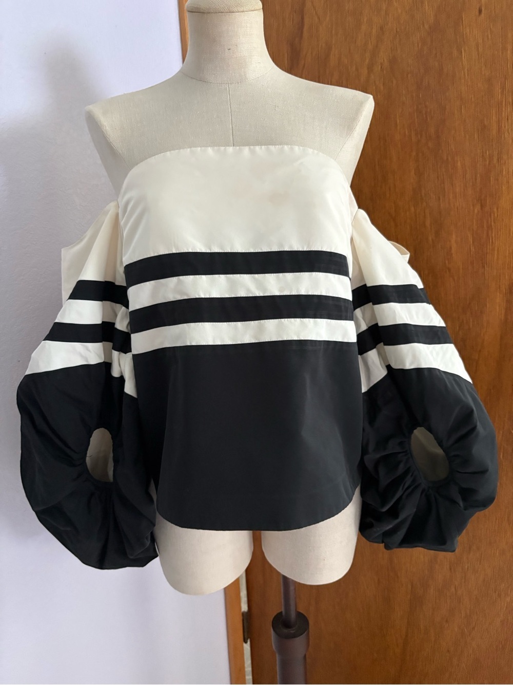 ROSIE ASSOULIN sz S Off Shoulder Balloon Sleeve Top Off White Black Stripe